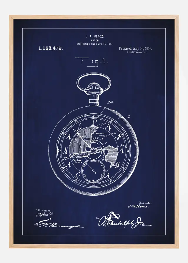 Dessin de brevet - Montre de poche - Bleu Poster