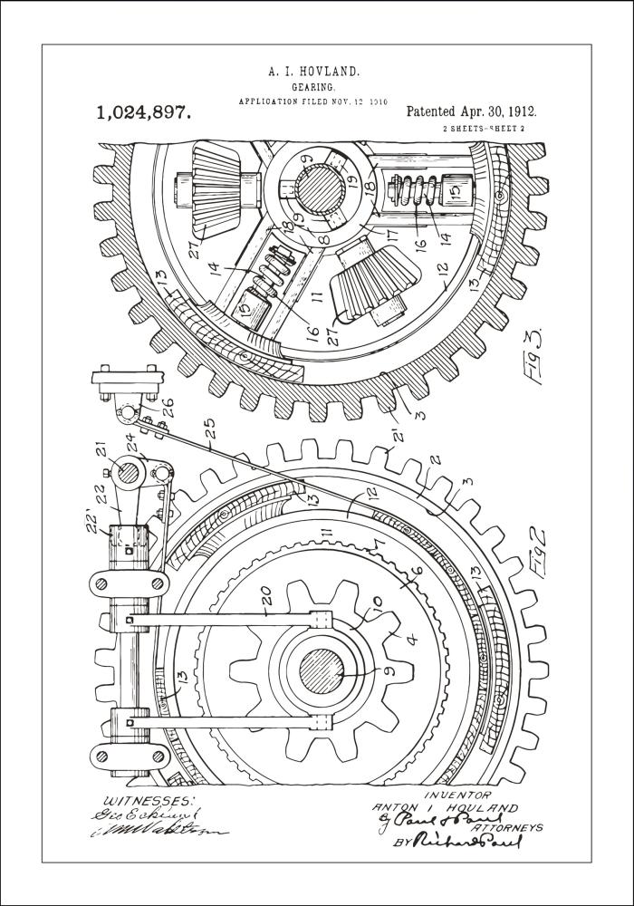 Dessin de brevet - Engrenage - Blanc Poster