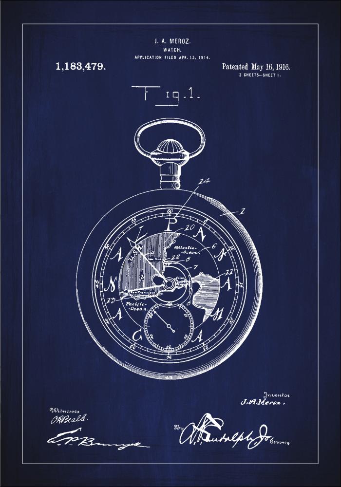 Dessin de brevet - Montre de poche - Bleu Poster