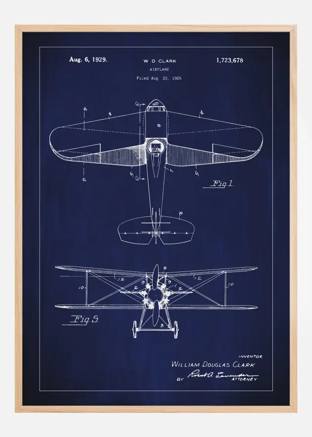 Dessin de brevet - Avion - Bleu Poster