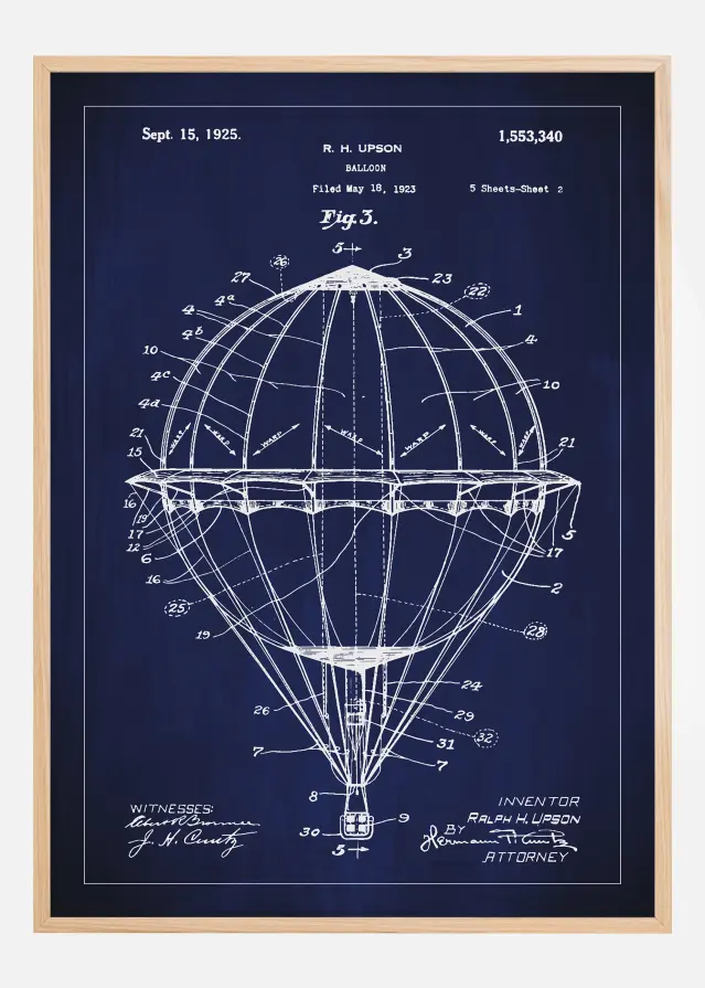 Dessin de brevet - Montgolfière - Bleu Poster