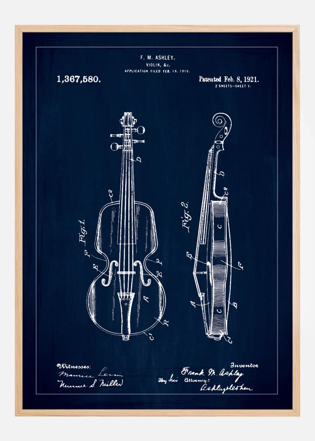 Dessin de brevet - Violon - Bleu Poster