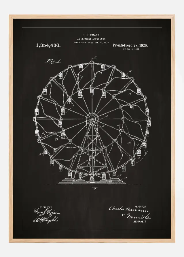 Dessin de brevet - Grande roue - Noir Poster